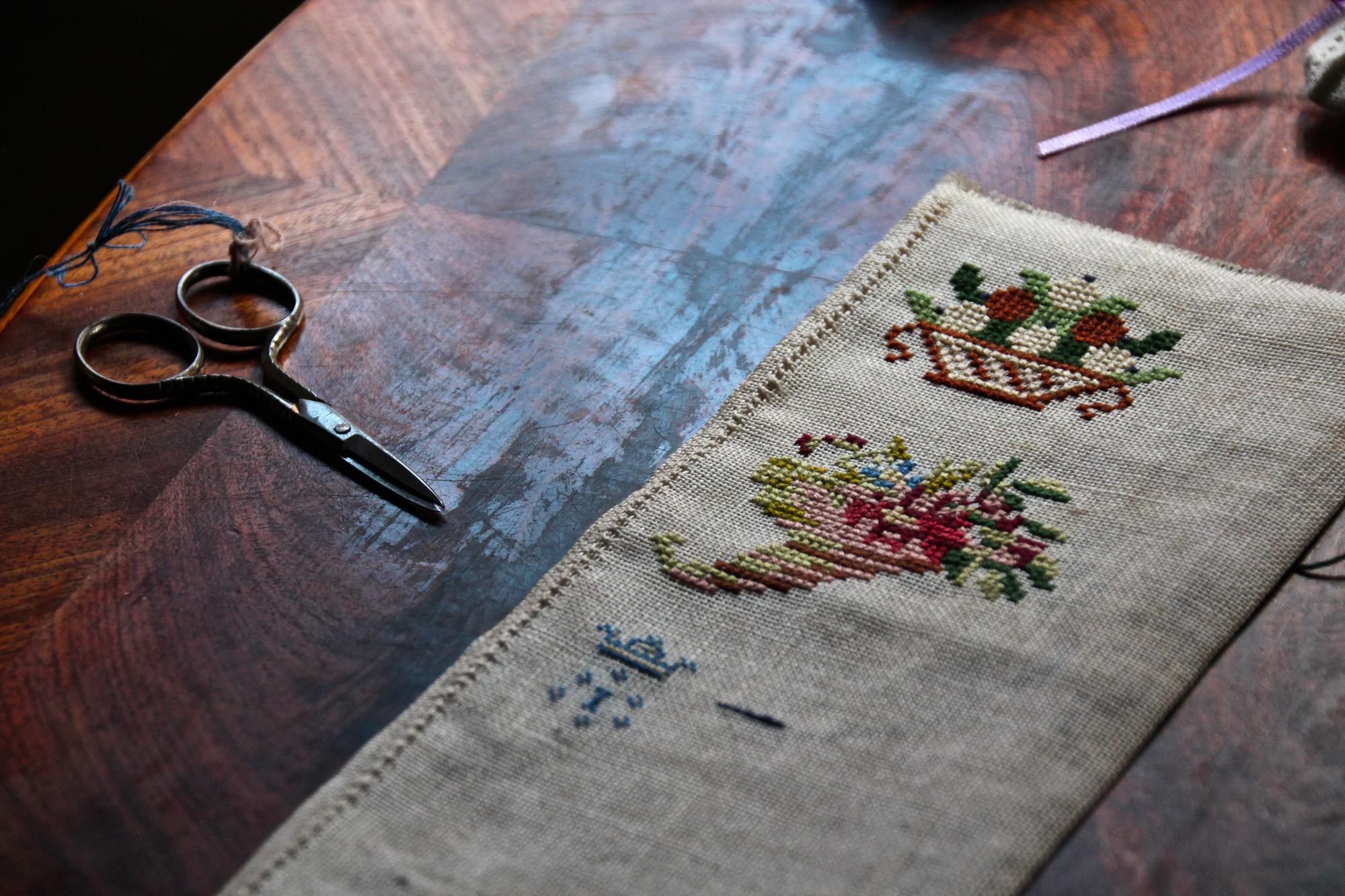 row of embroidered patches on table